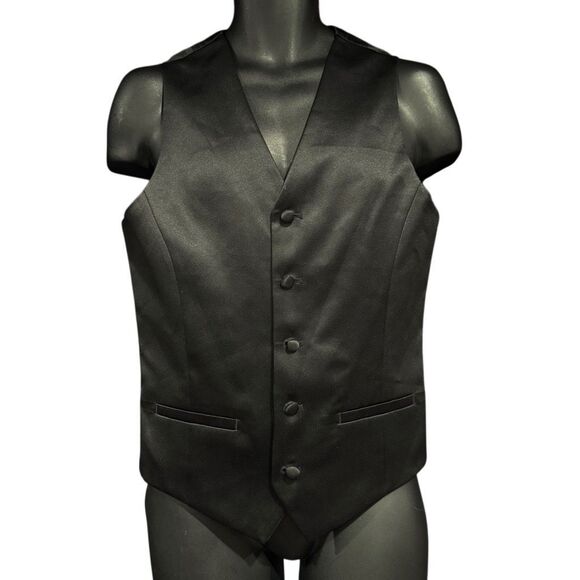 JF J. Ferrar Black 5 Button Satin Tuxedo Suit Dress Vest Slim Fit Men’s Small - Picture 1 of 4